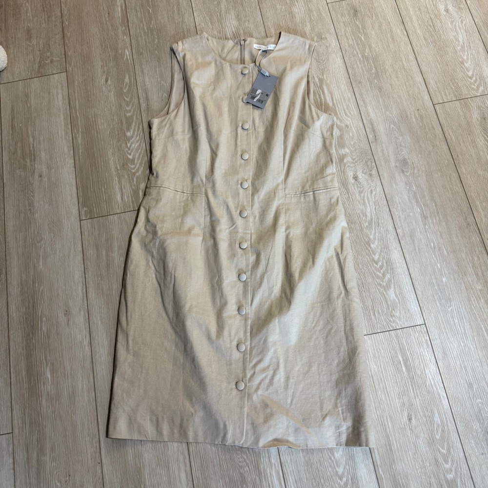 New Preston & York Linen Shift Dress Seas The Day Button Front Sleeveless tan 10 - Picture 3 of 5